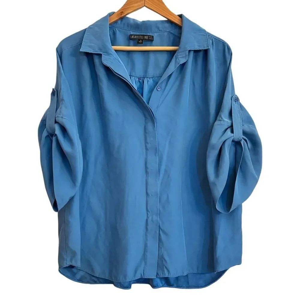 Lafayette 148 NY 100% Silk Blouse Blue Luxury Minimalist Career Quiet Luxury Top